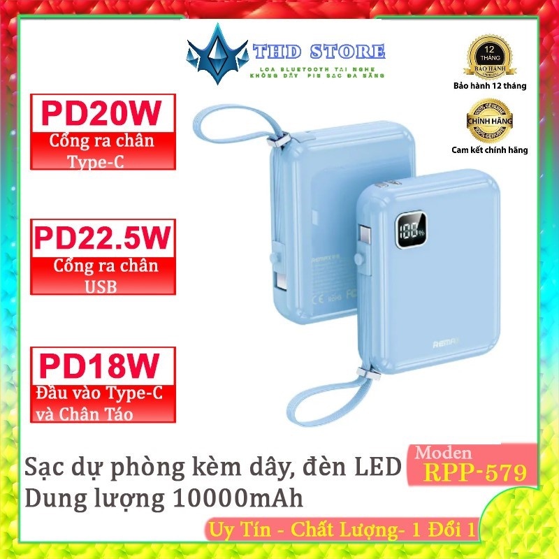 Pin dự phòng mini RPP 579 10000mAh TypeC PD 20W + Cable 22.5W, 2 cáp ...