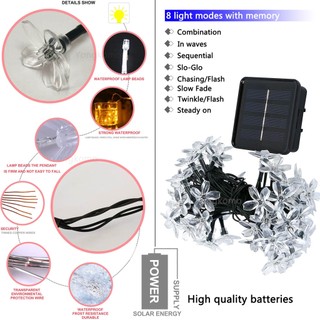 12m Vòng Hoa Năng Lượng Mặt Trời Ánh Sáng Hoa Đào Dây LED Đèn Cổ Tích Sân Vườn Tiệc Cưới Trang Trí Giáng Sinh Cho Đèn Ngoài Trời