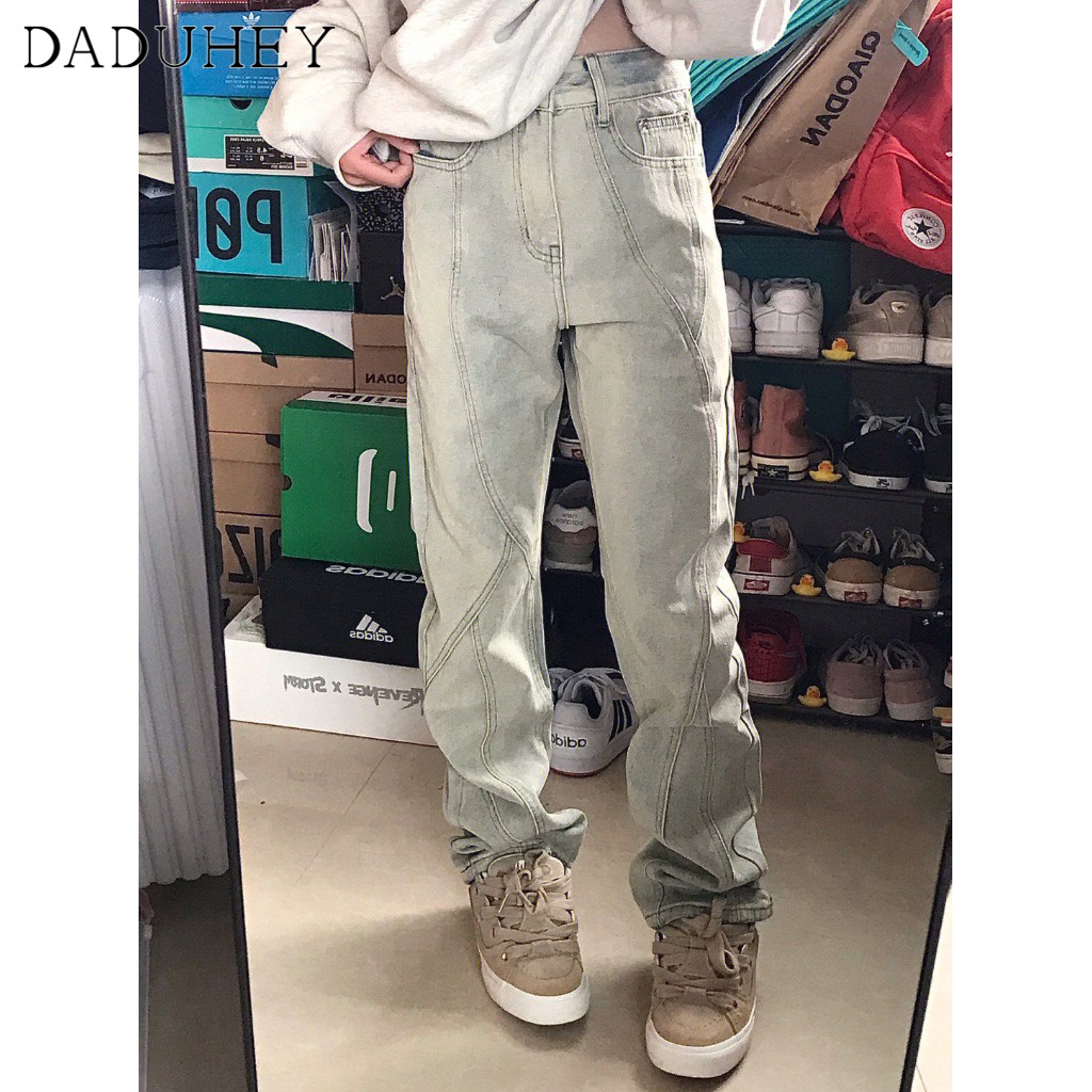 Ảnh DaDuHey New American Style Light Color Stitching Jeans Women's High Waist Straight Casual Pants Plus Size Trousers 4