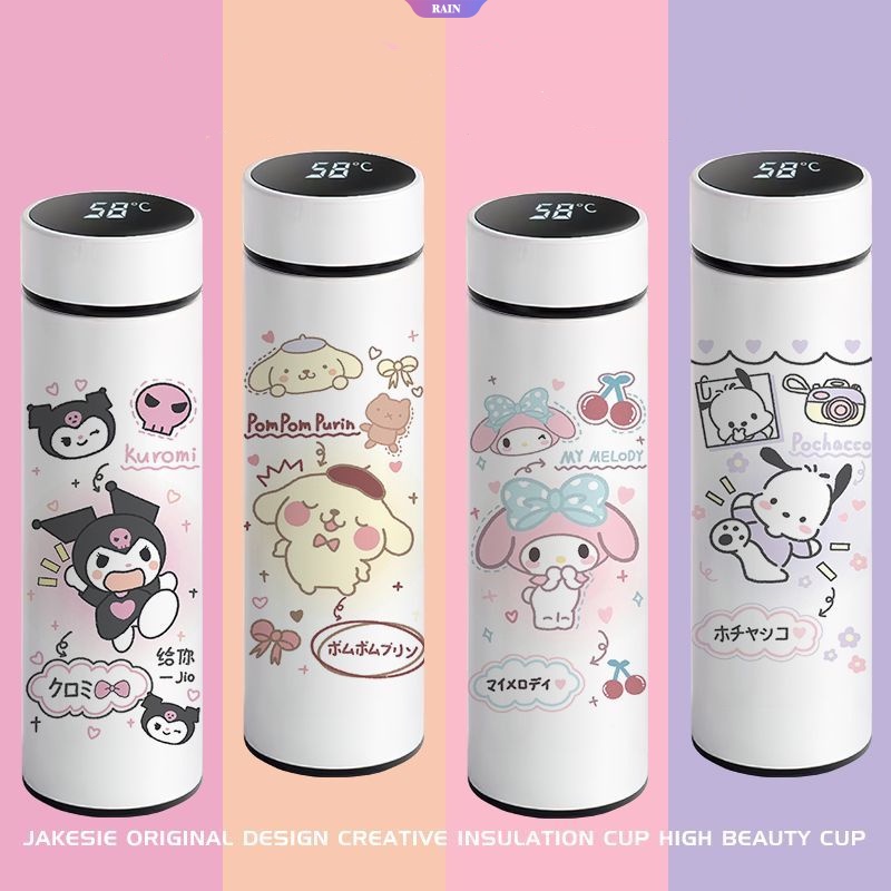 Bình Nước Giữ Nhiệt 500ml Bằng Thép Không Gỉ Có Đèn Led Hiển Thị Nhiệt Độ Hình Sanrio Kuromi 0627