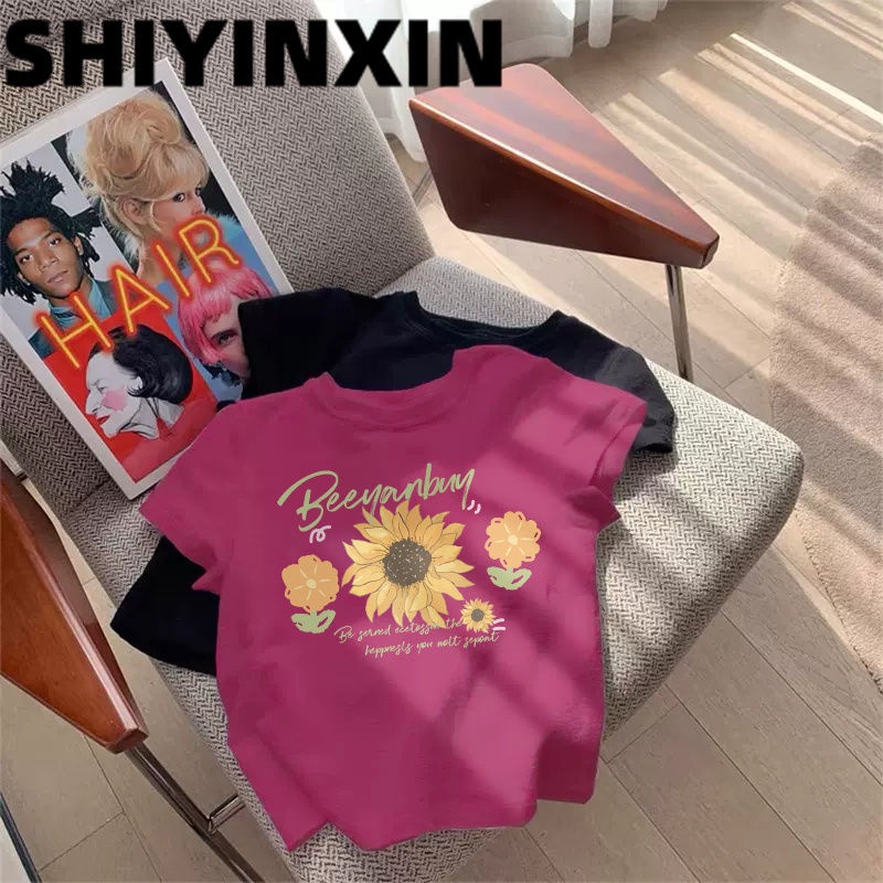 Milyfashion Cotton Hoa Hướng Dương In Vai Ngắn Tay Áo Thun Nữ Mùa Hè Mỏng Nhỏ Ngắn Top Bé tee