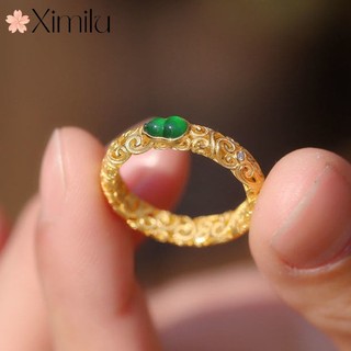 Nguyên bản phong cách cung điện tự nhiên ngọc bích hetian phương pháp cổ xưa mạ vàng 18k nhẫn nữ trang sức retro