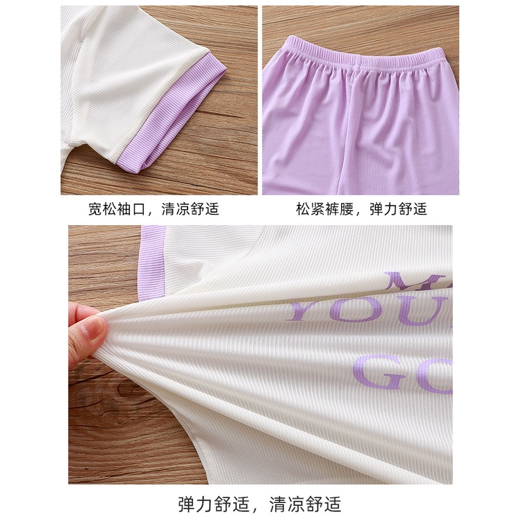 Phong Cách Mới Bé Gái Ice Silk Suit 90-160 Kích Thước Thoáng Khí Homewear Chữ Thời Trang Phiên Bản Hàn Quốc Tay Ngắn Thời Trang Quần Áo Trẻ Em SD3A
