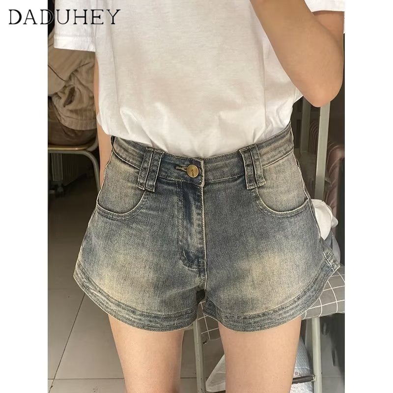 Ảnh Quần short denim DADUHEY dáng chữ A lưng cao size lớn phong cách retro đường phố Mỹ mới 3