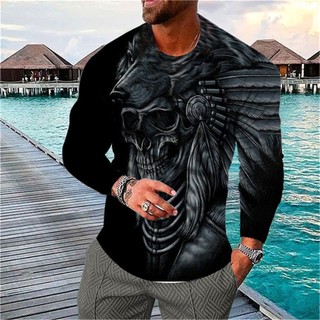 Áo Thun Tay Dài Cổ Tròn In Hình Đầu Lâu 3D Phong Cách Hip Hop Thời Trang Cho Nam