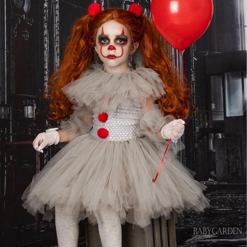 Baga-2-12 tuổi trẻ em cô gái chú hề trang phục vải tuyn trắng váy găng tay kẹp tóc bộ cho halloween party cosplay