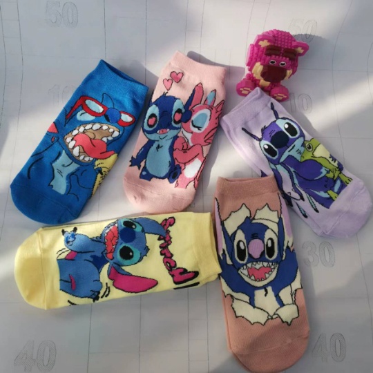 Set 1 / 5 Đôi Vớ Thể Thao In Họa Tiết Hoạt Hình Disney Stitch Thiên Thần Đáng Yêu Thời Trang Unisex