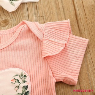 Bộ quần áo mùa hè MGG-Baby Girl, Áo liền quần dệt kim sườn ngắn tay Ruffle + Quần Short hoa + Bộ băng đô