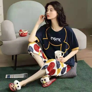 M-5XL Plus Size Nữ Tay Ngắn Crop Quần Cổ Tròn In Hình Hoạt Hình Pyjama 2 Bộ
