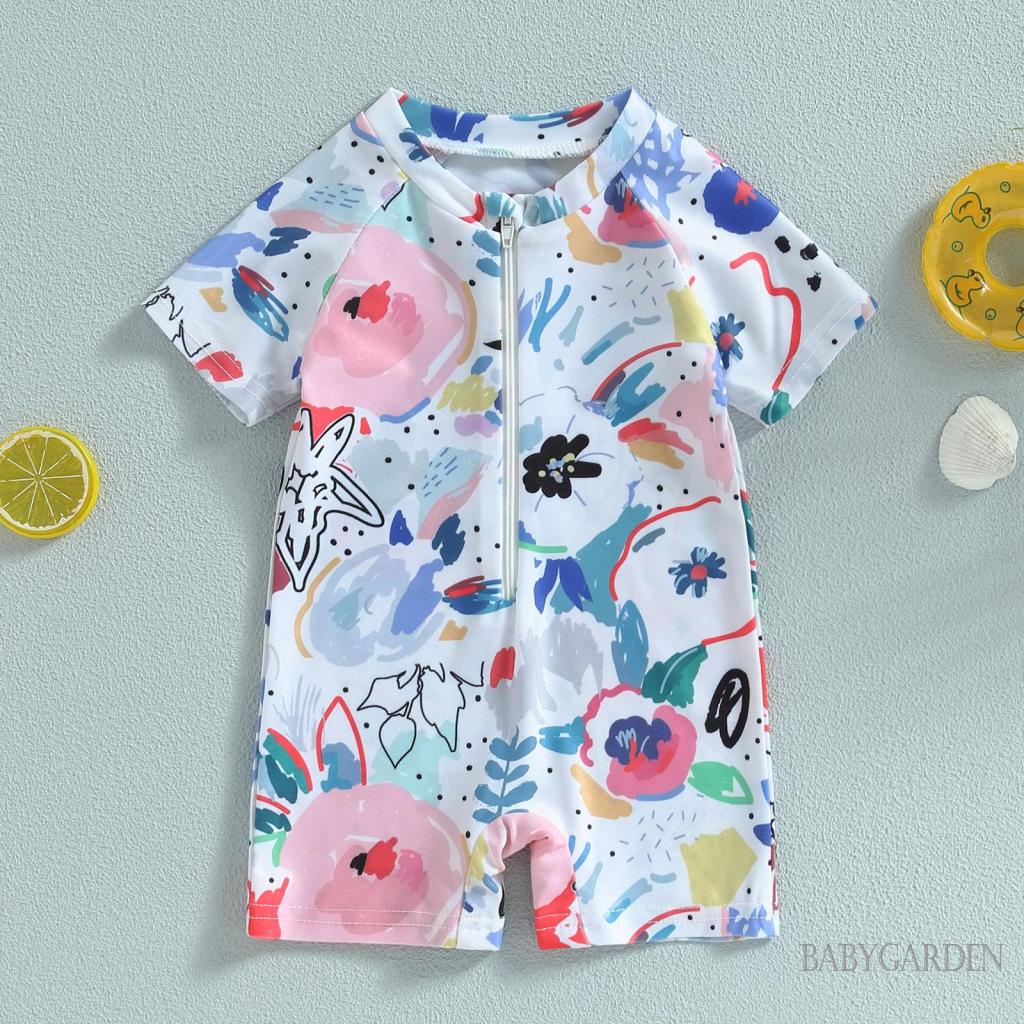 Bộ Đồ Bơi Một Mảnh Tay Ngắn Chống Nắng Có Khóa Kéo In Họa Tiết Màu Nước Dành Cho Bé Trai 0-3 Tuổi