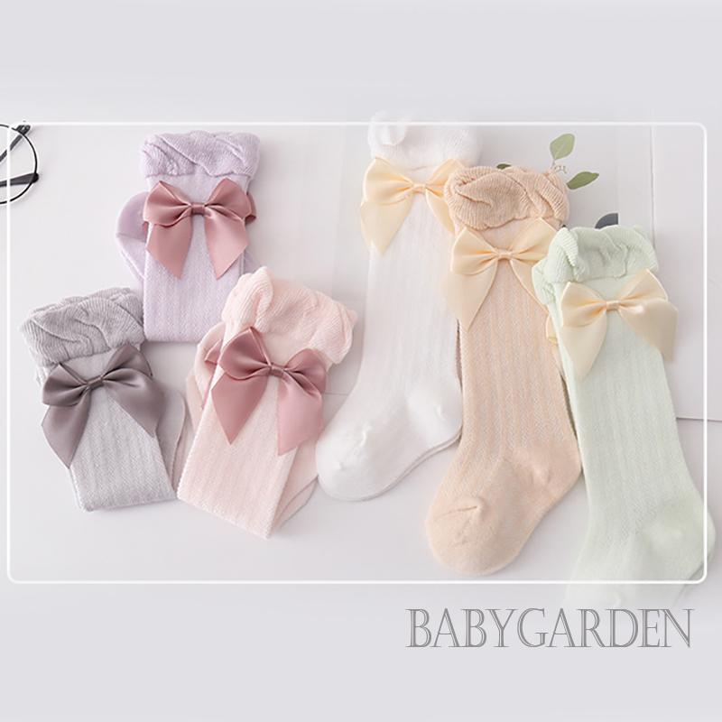 Đôi Vớ Thoáng Khí Cao Đến Đầu Gối Đính Nơ Lớn Màu Trơn Trang Trí Dành Cho Bé Gái 0-3 Tuổi