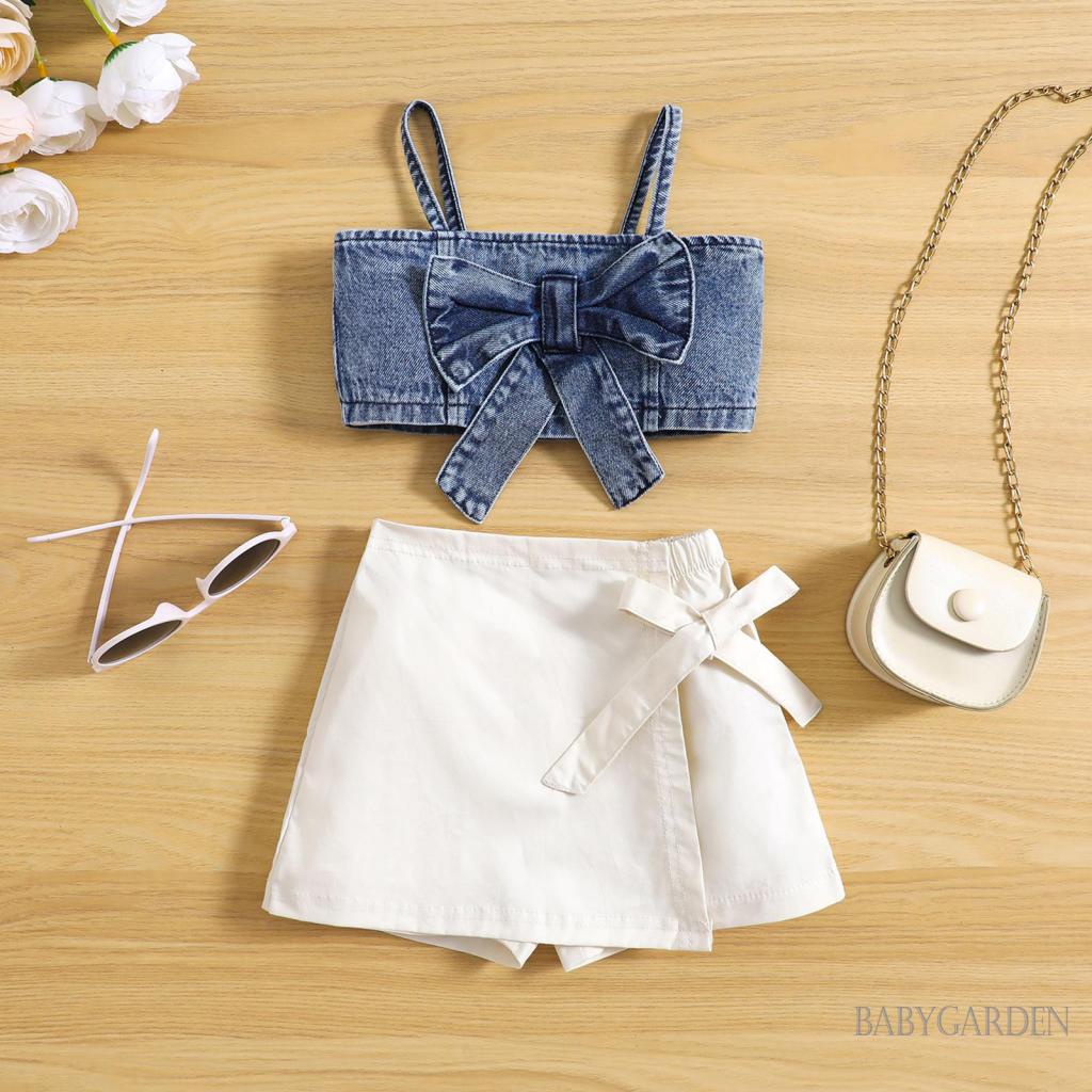 Bộ Áo Hai Dây Màu Trơn + Quần Short Denim Đính Nơ Co Giãn Thời Trang Mùa Hè Cho Bé Gái 1-6 Tuổi