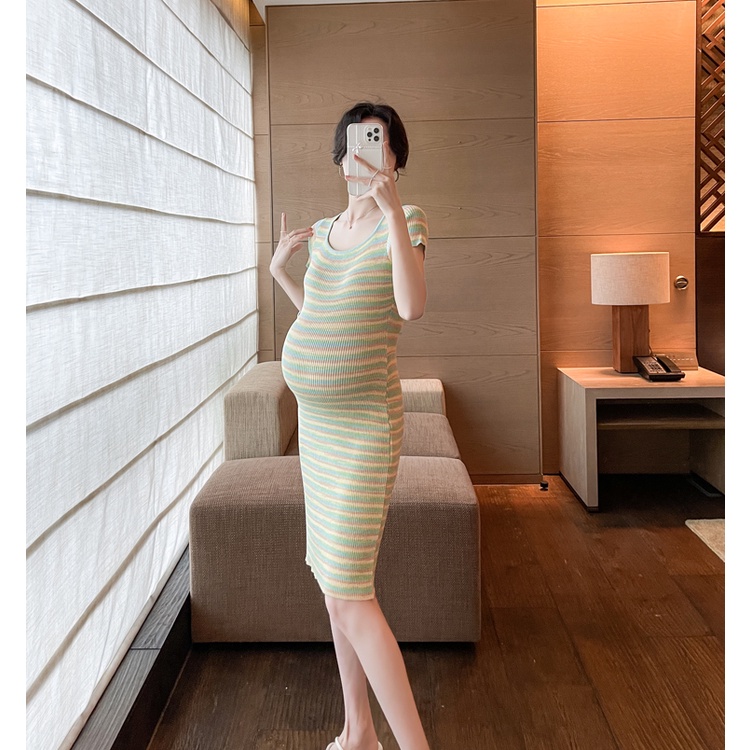 Đầm Bầu Tay Ngắn Họa Tiết Sọc Thời Trang Mùa Hè