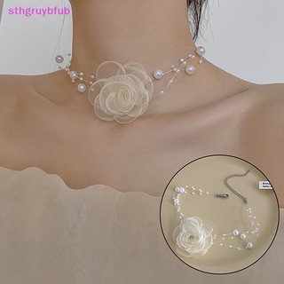 Sthb mori lãng mạn ngọc trai choker camellia vòng cổ mùa hè đen trắng chuỗi xương đòn với vải hoa ngọc trai cho nữ trang sức vn