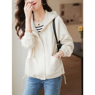2023 spring new style textured all-match áo khoác ngắn có mũ trùm đầu phong cách thể thao thông thường áo khoác cardigan nữ mỏng hơn