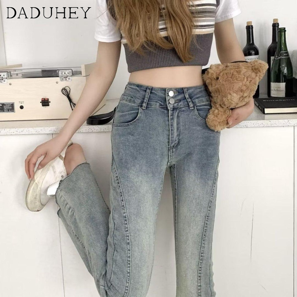 Ảnh DaDuHey New American Ins High Street Retro Stitching Jeans Niche High Waist Wide Leg Pants Large Size Trousers 3