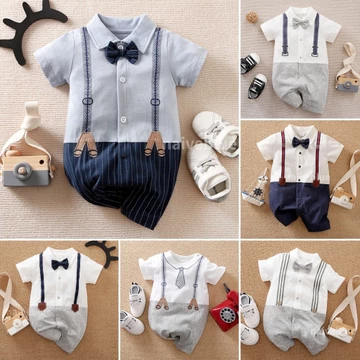Quần áo trẻ sơ sinh Quần áo liền quần cho bé Quần áo quý ông Bộ đồ trẻ em Quần áo trẻ em Mùa hè đẹp trai Bộ áo liền quần ngắn tay cho bé Dây đeo hai mảnh giả Bộ áo liền quần cho bé một tuổi trọn tháng