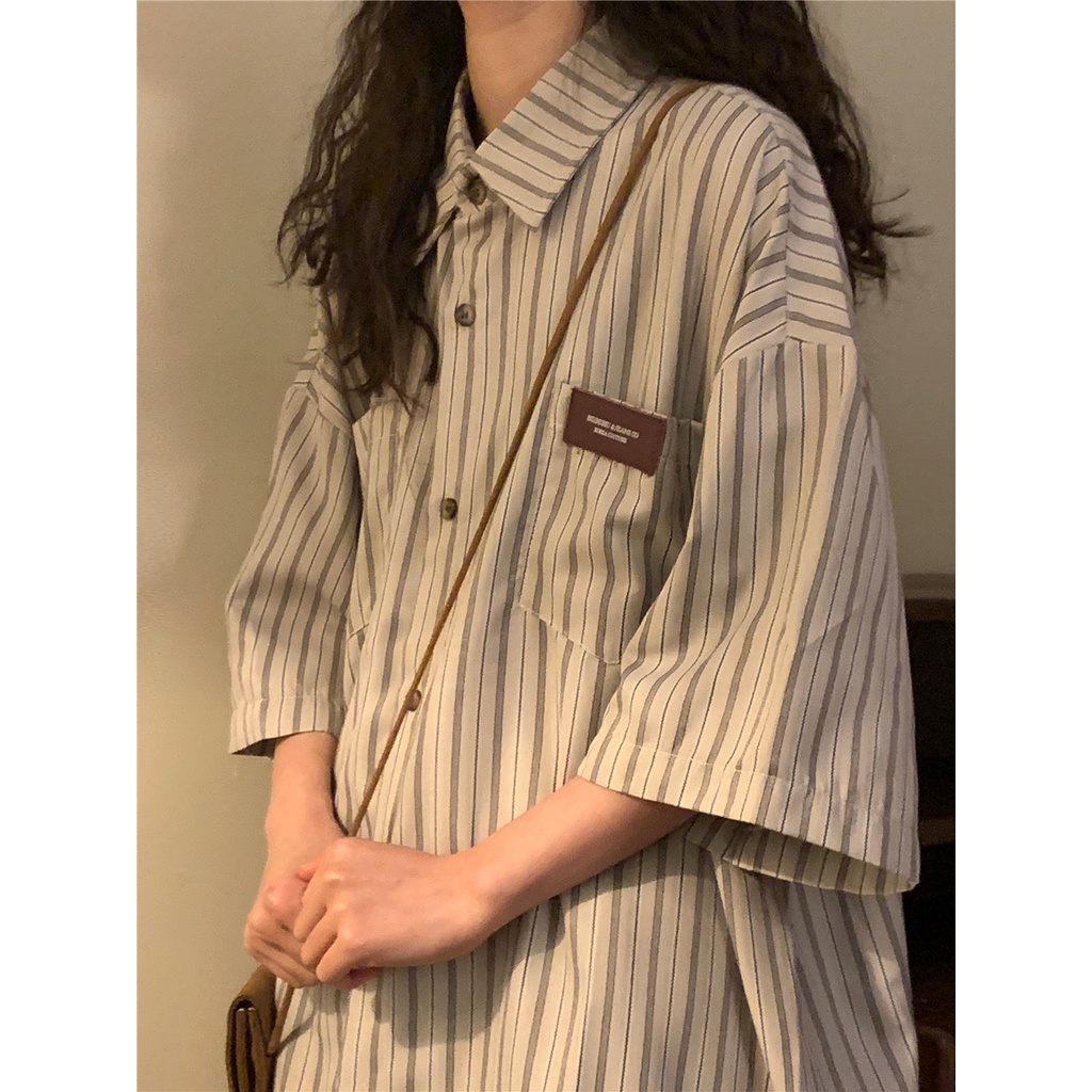 Kii Wii Áo sơ mi nữ tay ngắn sọc cổ điển mùa hè