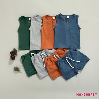 Mgg-trang phục mùa hè sơ sinh Áo cổ tròn màu trơn cho bé có túi + Quần short dây rút Bộ 2 món thông thường