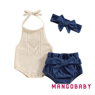 Mgg-baby Girl Trang Phục Mùa Hè Màu Trơn Buộc Dây Cổ Đan Áo Len Romper Quần Short Denim Có Dây Đeo Đầu Bộ Quần Áo 3 Chiếc