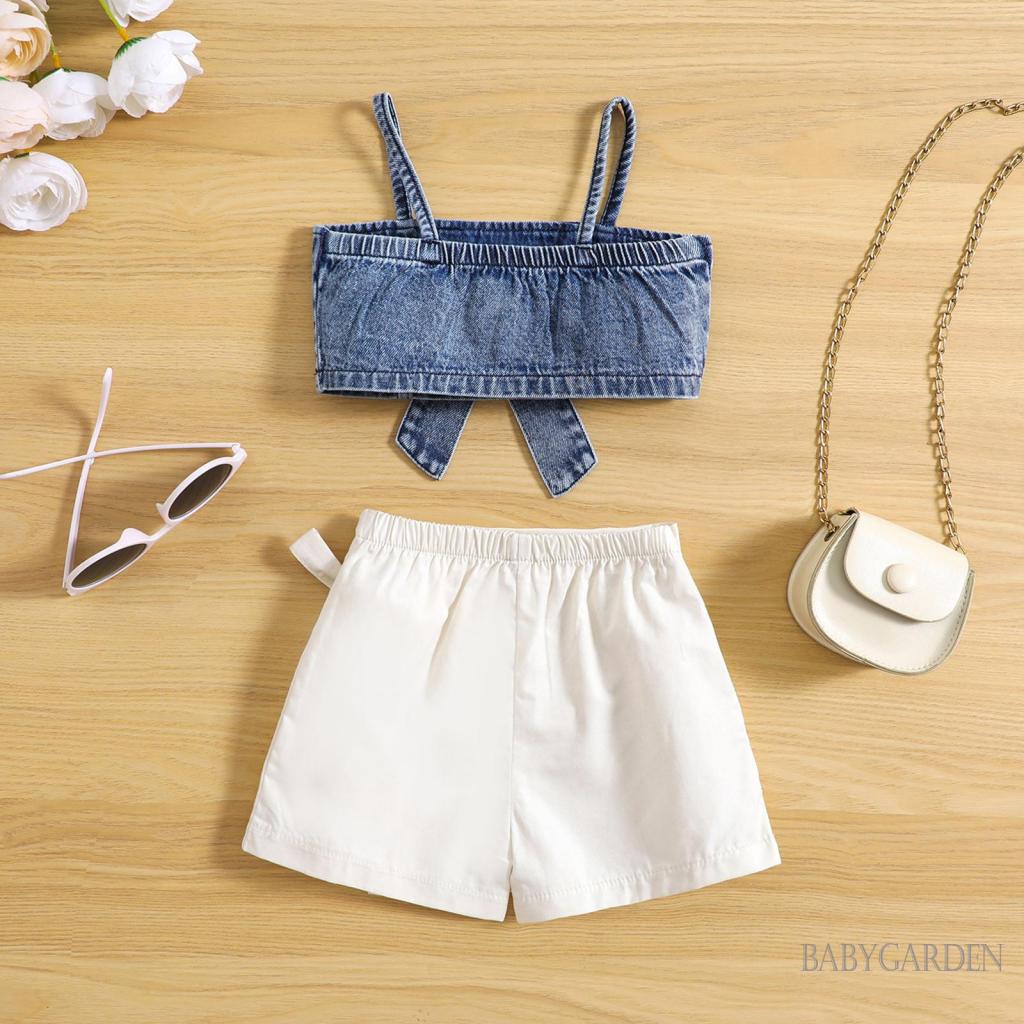 Bộ Áo Hai Dây Màu Trơn + Quần Short Denim Đính Nơ Co Giãn Thời Trang Mùa Hè Cho Bé Gái 1-6 Tuổi