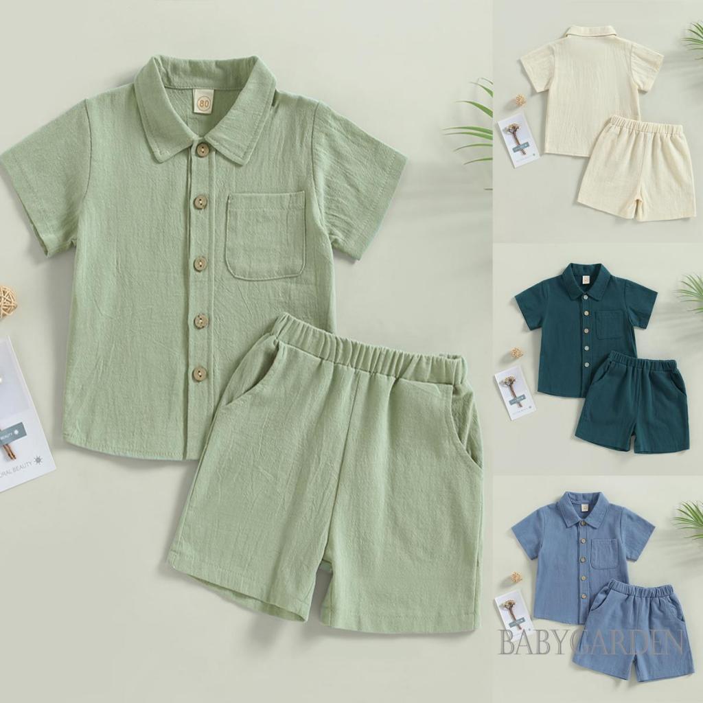 Bộ Áo Sơ Mi Tay Ngắn Màu Trơn Cài Nút + Quần Short Lưng Thun Thời Trang Cho Bé Trai 6 Tháng - 4 Tuổi