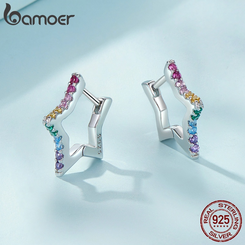 Bamoer Bông Tai Bạc 925 Hình Ngôi Sao / Trái Tim Nhiều Màu Sắc Thời Trang Cho Nữ