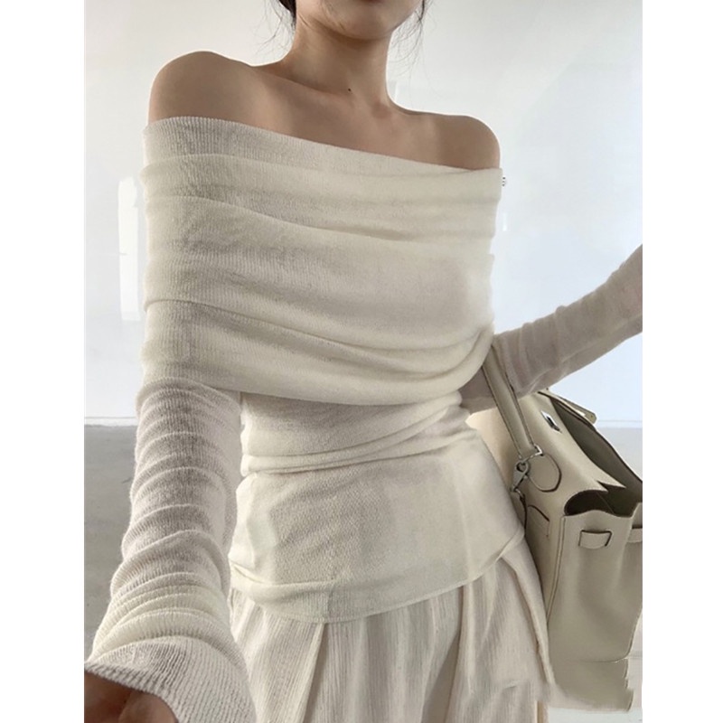 Suxi Mùa Xuân Mới Màu Trơn Một Dây Đeo Vai Dệt Kim Nữ Slim Fit Áo Len Dài Tay