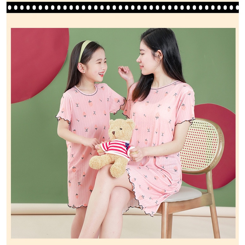 Trẻ Em Váy Ngủ Mùa Hè Mỏng Phong Cách Ice Feel Nữ Nữ Ice Silk Cha Mẹ-Con Mặc Váy Ngắn Tay 100-1