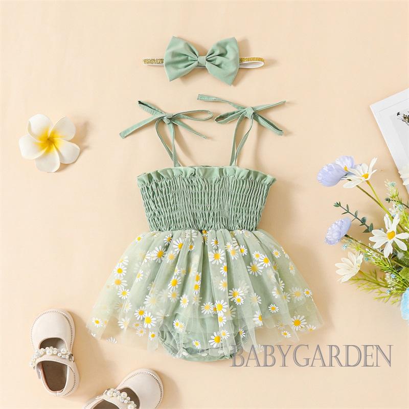Áo Liền Quần Hai Dây Dáng Chữ A Vải Tuyn Đính Nơ In Hoa Dễ Thương Cho Bé Gái 0-18 Tháng Tuổi