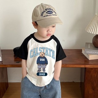 Mùa Hè Trẻ Em Phong Cách Mới Cotton Nguyên Chất Khâu Hoạt Hình Gấu Tay Ngắn Bé Trai Rời Áo Thun Nhỏ Vừa Trẻ Em