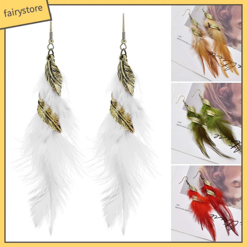 [FRO] 1 Cặp Bông Tai Dáng Dài Hình Chiếc Lá Vàng Phong Cách Bohemian Không Gây Dị Ứng
