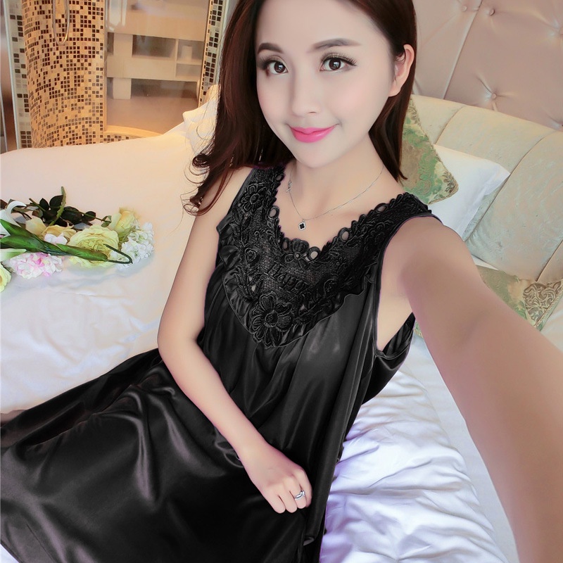 Ice Silk Pajama Phụ nữ Lace Mô phỏng lụa Thoải mái Pajama Mùa hè lụa Sexy Sling Dress luyoo32