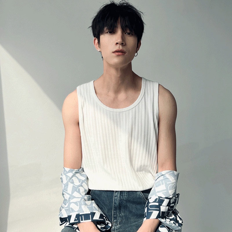 ThaliaWisp Áo vest nam phiên bản Hàn Quốc của áo thun cotton không tay cơ bản mùa hè đơn giản màu trơn sọc hố dày phù hợp hàng đầu dệt kim