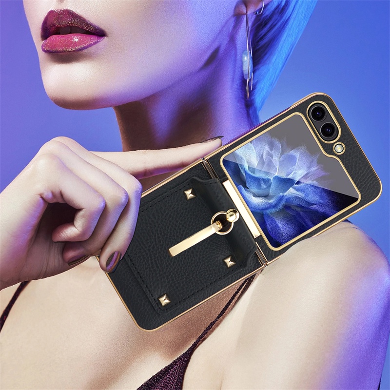 Bao da mạ sang trọng với vòng & dây đeo tay bản lề máy ảnh vỏ bảo vệ màn hình cho samsung galaxy z flip 5 z flip 4 z flip 3 vỏ điện thoại chống sốc