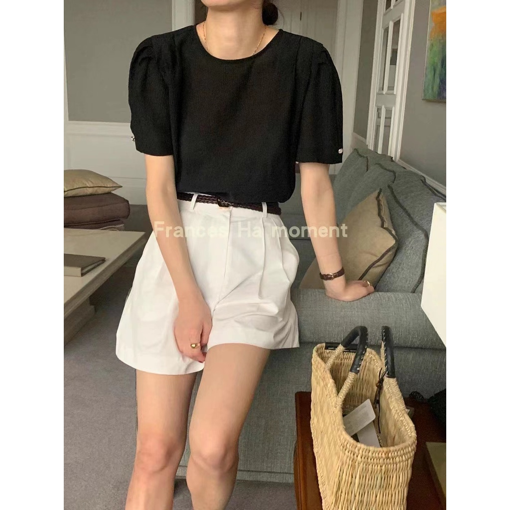 Áo sơ mi SUXI ngắn tay cổ tròn tay phồng + áo hai dây
