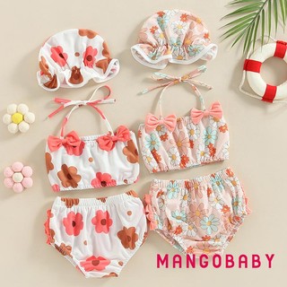 Mgg-bộ đồ bơi ba mảnh cho bé gái, Bộ Bikini dây in hoa Bộ đồ tắm có mũ bơi