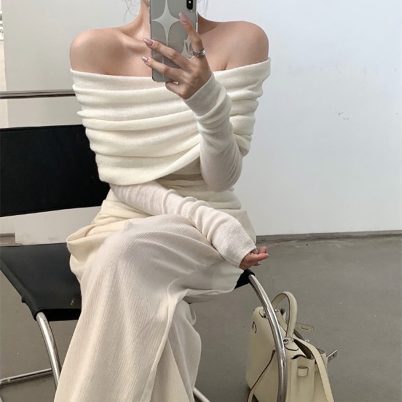 Suxi Mùa Xuân Mới Màu Trơn Một Dây Đeo Vai Dệt Kim Nữ Slim Fit Áo Len Dài Tay