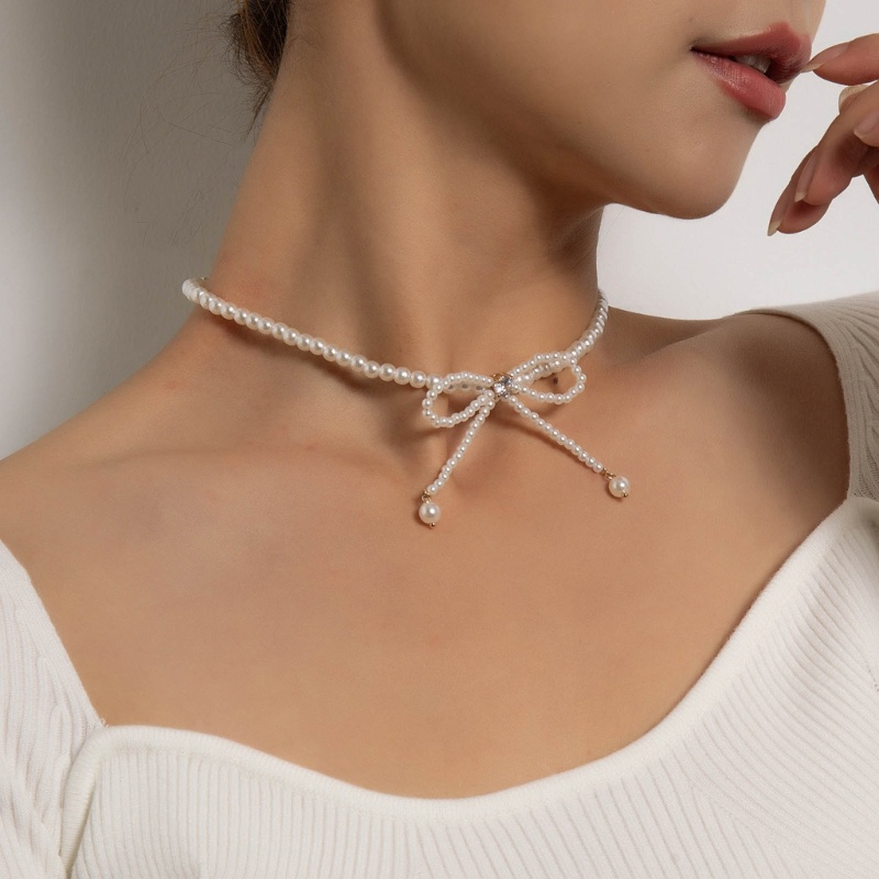 Dasbsug Vòng cổ ngọc trai thanh lịch với thiết kế tua rua Dây chuyền xương đòn nơ có thể điều chỉnh cho tiệc cưới và Occ đặc biệt