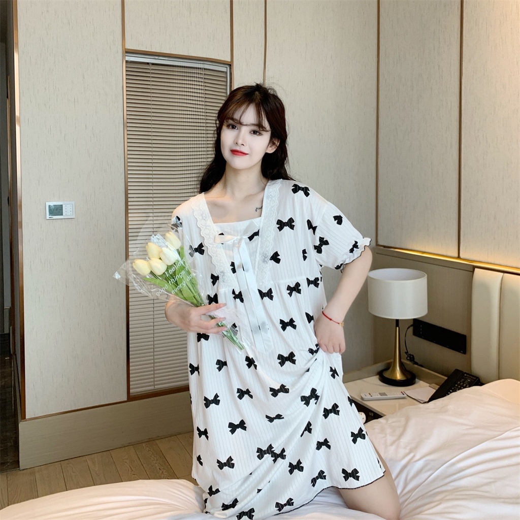 Đầm Ngủ Tay Ngắn Phối Ren Dễ Thương Dành Cho Nữ [lzf0721