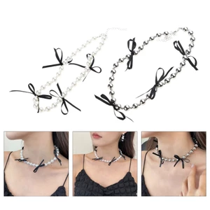 OXXGGKAO Thời Trang Ruy Băng Đen Nơ Vòng Cổ Giả Ngọc Trai Hợp Kim Dây Xích Choker Dây Xích