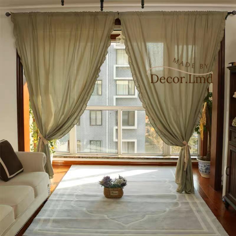 rèm cửa sổ vải linen tone xanh rêu vàng nhún bèo vintage, màn cửa lớn ...