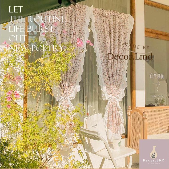 Rèm cửa sổ vải hoa vintage hồng viền bèo trắng vintage hàn quốc dày dặn ...