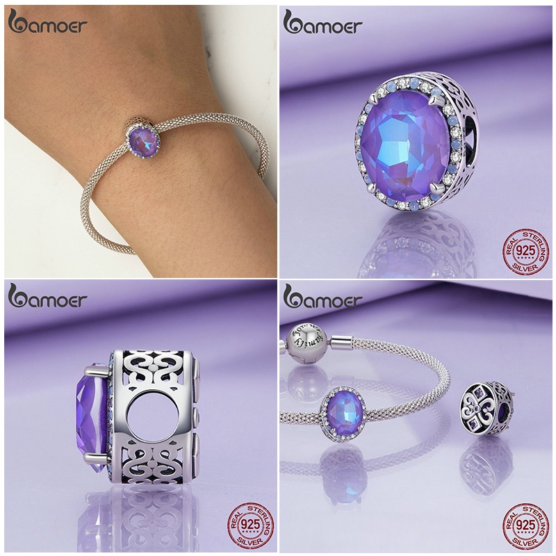 Mặt dây chuyền BAMOER bạc 925 mặt hoa đính đá tím thời trang
