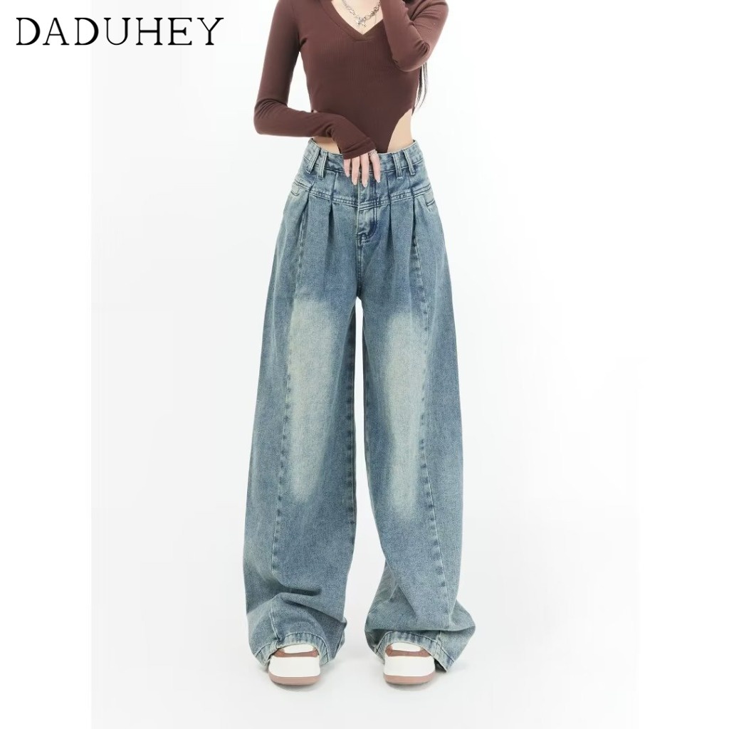 Ảnh Quần jean dài DADUHEY size lớn ống rộng thoải mái cạp cao vải giặt retro hip hop thời trang kiểu Mỹ cho nữ 4
