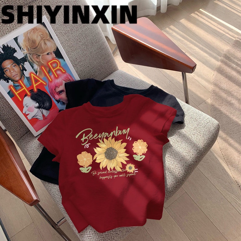 Milyfashion Cotton Hoa Hướng Dương In Vai Ngắn Tay Áo Thun Nữ Mùa Hè Mỏng Nhỏ Ngắn Top Bé tee