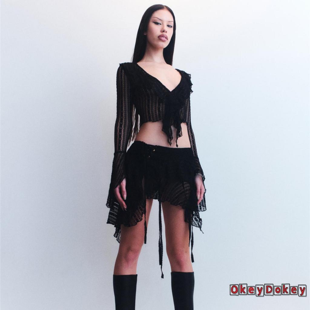 Bộ Áo Croptop Dài Tay Phối Lưới Xuyên Thấu + Chân Váy Ngắn Mini Thời Trang Cho Nữ OKDK-Y2K