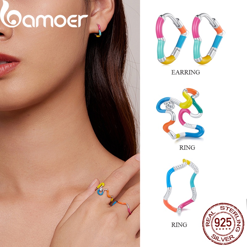 BAMOER Bộ Nhẫn Và Bông Tai bạc 925 Kiểu Xoắn Màu Cầu Vồng Cho Nữ