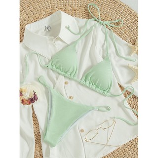 Bộ Đồ Bơi Bikini Hai Mảnh Bằng Vải Dệt Kim Mềm Màu Trơn Dành Cho Bạn Nữ
