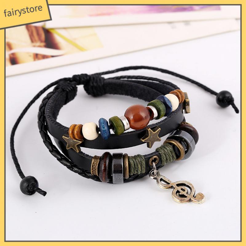 Vòng Tay Da Bò Đính Hạt Hợp Kim Hình Nốt Nhạc Phong Cách retro